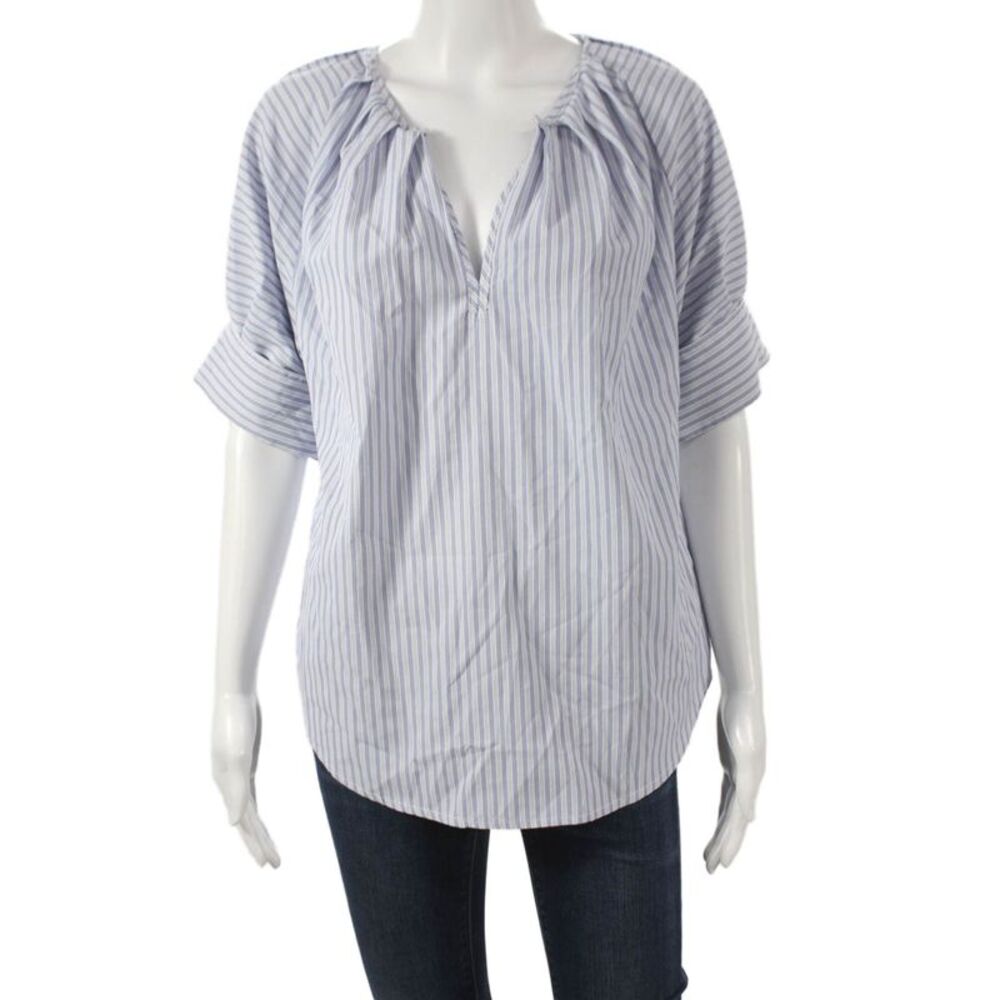 Bishop and Young Womens Blue Striped V-Neck Tunic Short Sleeve Size S